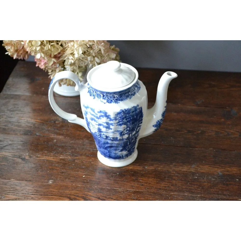 British Anchor Ironstone Coffee pot Memory Lane Blue Transferware‎ countryside